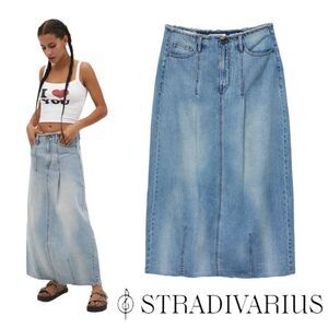 STRADIVARIUS | Blue | LONG PLEATED DENIM SKIRT